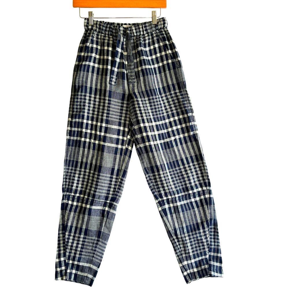 NWT Everlane Linen Barrel Pant in Navy Plaid XXS Soft Cute Casual Lightweight